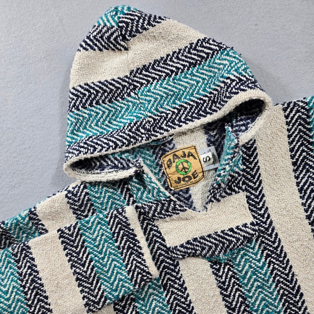 Baja Joe Unisex Small Teal Blue Striped Hoodie Mexican Jerga Pullover Woven 997